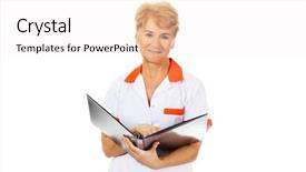  Presentation with black binder - Presentation theme enhanced with elderly female doctor or nurse holds black binder and reads background and a white colored foreground
