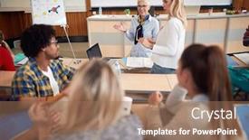 Presentation with amphitheater - Cool new presentation design with elderly-female-professor-questioning backdrop and a coral colored foreground