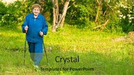  Presentation with walking nordic - Presentation theme having elderly fitness - active woman 85 years old background and a gold colored foreground