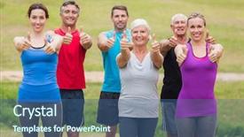  Presentation with group fitness - Cool new presentation design with elderly fitness - happy athletic group smiling backdrop and a ocean colored foreground