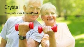  Presentation with senior couple - Audience pleasing PPT layouts consisting of elderly fitness - senior couple exercising in park backdrop and a yellow colored foreground