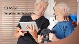  Presentation with senior fitness - Colorful presentation enhanced with elderly fitness - senior men exercising in gym backdrop and a coral colored foreground