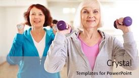  Presentation with females - Amazing slide deck having elderly fitness - two sporty females doing exercising backdrop and a mint green colored foreground