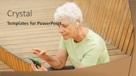  Presentation with text message - Presentation theme having elderly-happy-retired-woman background and a lemonade colored foreground