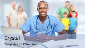  Presentation with doctor african - Presentation design featuring elderly healthcare - african-american doctor man over hospital background and a  colored foreground