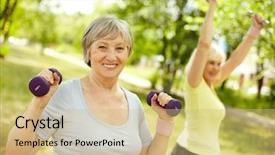  Presentation with females - Slide set consisting of elderly healthcare - pleasant mature females working background and a coral colored foreground