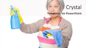  Presentation with spray - PPT theme having elderly housewife hold with bottle spray and rag background and a sky blue colored foreground