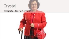  Presentation with cane - Audience pleasing presentation theme consisting of elderly lady in a red coat with a walking cane isolated on white background backdrop and a lemonade colored foreground