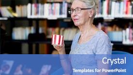  Presentation with cup of lemon tea - Slide deck enhanced with elderly lady in the libary background and a teal colored foreground