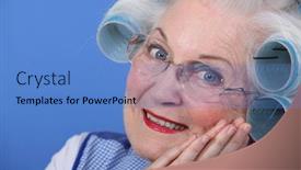  Presentation with lady - Audience pleasing PPT theme consisting of elderly-lady-using-hair-rollers backdrop and a teal colored foreground