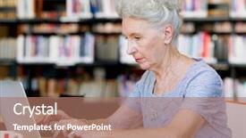  Presentation with fall prevention elderly - Presentation design enhanced with elderly lady working with laptop background and a coral colored foreground