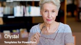  Presentation with teachers working around a table - Colorful slide deck enhanced with elderly lady working with tablet backdrop and a tawny brown colored foreground