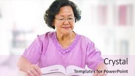  Presentation with elderly asian - Amazing slides having elderly learning - asian senior woman serious reading backdrop and a lavender colored foreground