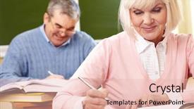  Presentation with mature female surgeon - PPT theme enhanced with elderly learning - portrait of mature female making background and a lemonade colored foreground