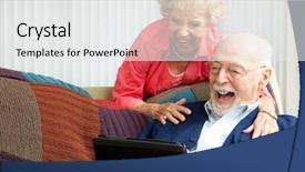  Presentation with tablet of stones - Slide deck consisting of elderly learning - senior couple laughing while using background and a white colored foreground