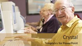  Presentation with computer configuration - PPT theme with elderly learning - senior man using computer background and a gold colored foreground