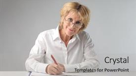  Presentation with collaborative writing - Slides consisting of elderly learning - smiling businesswoman writing background and a light gray colored foreground
