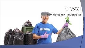 Presentation with plastic waste - PPT theme with elderly-male-volunteer-throwing background and a white colored foreground