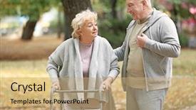  Presentation with elderly people walking difficulties - Cool new PPT theme with elderly man and his wife backdrop and a coral colored foreground