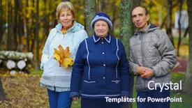  Presentation with hero man and women - Presentation design enhanced with elderly man and two women background and a navy blue colored foreground