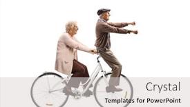  Presentation with man woman - Audience pleasing presentation theme consisting of elderly-man-and-woman-riding backdrop and a light gray colored foreground