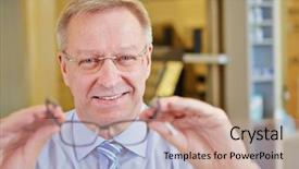  Presentation with elderly holding pills - Presentation featuring elderly man as optician holding new glasses background and a coral colored foreground