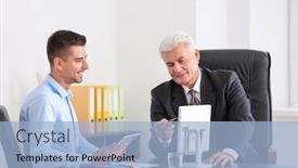  Presentation with consulting - Presentation design featuring elderly man consulting customer in office background and a light blue colored foreground