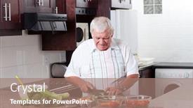  Presentation with elderly home - Beautiful PPT layouts featuring elderly-man-cooking-in-home backdrop and a coral colored foreground