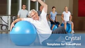  Presentation with gym ball - Colorful presentation theme enhanced with elderly man doing back exercises with gym ball in fitness center backdrop and a teal colored foreground