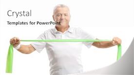  Presentation with band - Slide set consisting of elderly man exercising with a rubber band isolated on white background background and a white colored foreground