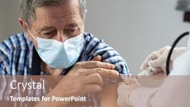  Presentation with vaccine - Amazing slide set having elderly-man-getting-coronavirus-vaccine backdrop and a coral colored foreground
