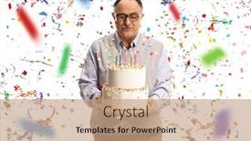  Presentation with birthday cake - PPT theme with elderly-man-holding-a-birthday background and a coral colored foreground
