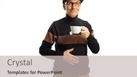  Presentation with elderly holding pills - Cool new slide deck with elderly man holding a cup of tea and his hand on his abdomen isolated on white background backdrop and a light gray colored foreground