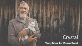  Presentation with elderly - Beautiful slides featuring elderly man holds a cute white kitten and smiles to the camera selective focus plenty of copy space backdrop and a dark gray colored foreground