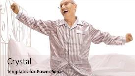  Presentation with 3d man sitting question mark - Colorful presentation design enhanced with elderly man in pajamas sitting backdrop and a soft green colored foreground