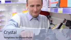  Presentation with drill - Audience pleasing PPT theme consisting of elderly man in shop with drill in hands backdrop and a light blue colored foreground