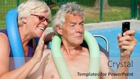  Presentation with memories - Colorful slides enhanced with elderly man is taking a picture for the vacation memories backdrop and a coral colored foreground