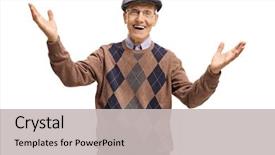  Presentation with welcome - Colorful presentation theme enhanced with elderly man making a welcome backdrop and a light gray colored foreground