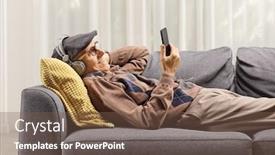  Presentation with man holding phone - Presentation consisting of elderly-man-on-a-sofa background and a violet colored foreground