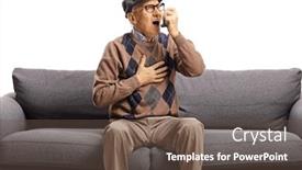  Presentation with inhaler - Beautiful slide set featuring elderly man sitting on a sofa and using an inhaler isolated on white background backdrop and a tawny brown colored foreground