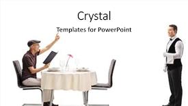  Presentation with restaurant waiter - Presentation featuring elderly man sitting at a restaurant table and calling the waiter isolated on white background background and a white colored foreground