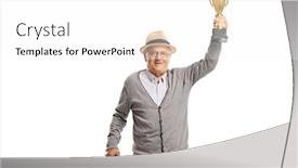  Presentation with gold trophy - Colorful slide set enhanced with elderly man standing with a cane and holding a gold trophy cup isolated on white background backdrop and a white colored foreground