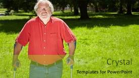  Presentation with children and the elderly therapy - Slide set consisting of elderly-man-stands-with-crutches background and a gold colored foreground