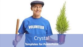  Presentation with volunteer - PPT theme having elderly-man-volunteer-holding background and a teal colored foreground