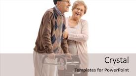  Presentation with helping man - PPT layouts enhanced with elderly man with a walker background and a coral colored foreground
