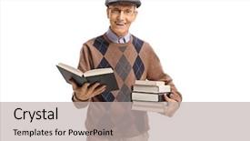  Presentation with childrens books - PPT theme having elderly man with books looking background and a light gray colored foreground