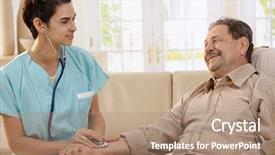  Presentation with physician - PPT theme having elderly medical - female physician using stethoscope background and a  colored foreground