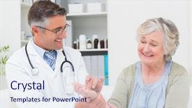  Presentation with patients - Presentation design enhanced with elderly medical - happy male doctor examining patients background and a sky blue colored foreground