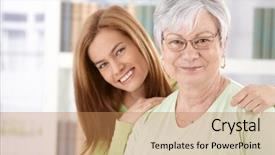 Presentation with portrait happy family smiling - Slide set with elderly mother and daughter background and a coral colored foreground