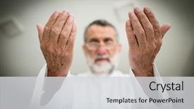  Presentation with omrah muslim people praying - Cool new slide deck with elderly muslim arabic man praying backdrop and a light gray colored foreground